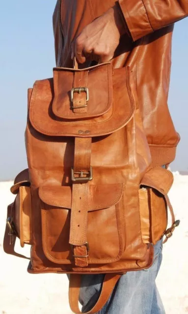 Large New 20" Unisex Brown Backpack Real Goat Leather Travel Rucksack Laptop Bag
