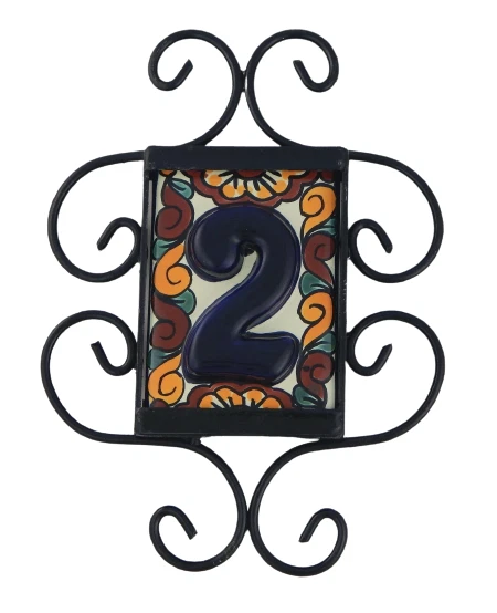 1 HIGH RELIEF Mexican Ceramic Number Tiles & Horizontal Iron Frame