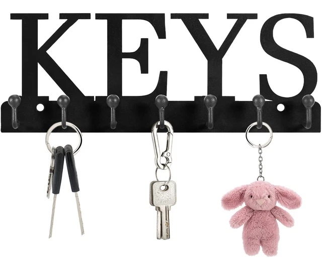 Wall or Door Mounted Key Organizer with 7 Hooks 10 X 4 inches (Black Keys)