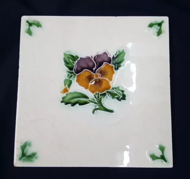 Vintage Embossed Ivory & Multi Colored Pansy Design Glazed Ceramic Tile 6" x 6"