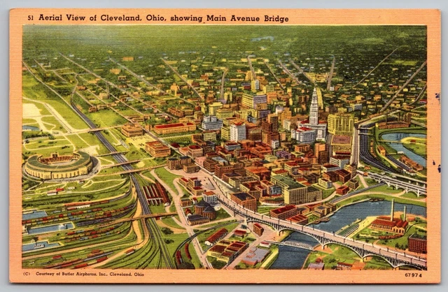 Aerial View Of Cleveland Ohio Oh Showing Main Avenue Bridge Linen Wob Postcard