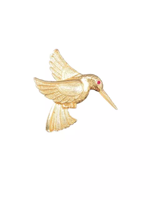 Vintage Avon Hummingbird Brooch Pin Gold Tone Red Rhinestone Eye Signed 2"