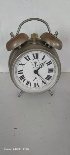 Antique Bulova Twin Bell Wind Up Alarm Clock Western Germany Glow Hands And Hour