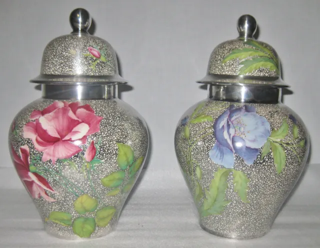 Antique Rosenthal Hand Paintaid Pair Covered Jars W/Silver Overlay