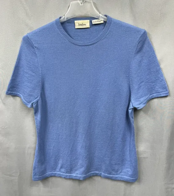 Vintage Neiman Marcus Blue Short Sleeve 100% Cashmere Pullover Sweater Top