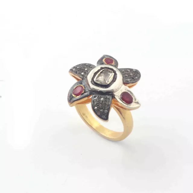 Natural Ruby & Rose Cut Polki Diamond Ring, 925 Sterling Silver Ruby Ring