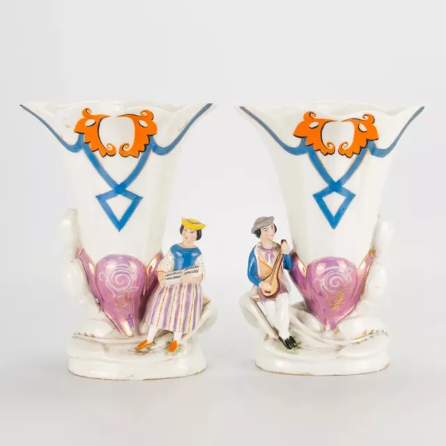 PAIR antique french 19thc vieux paris porcelain Vases figurine romantic