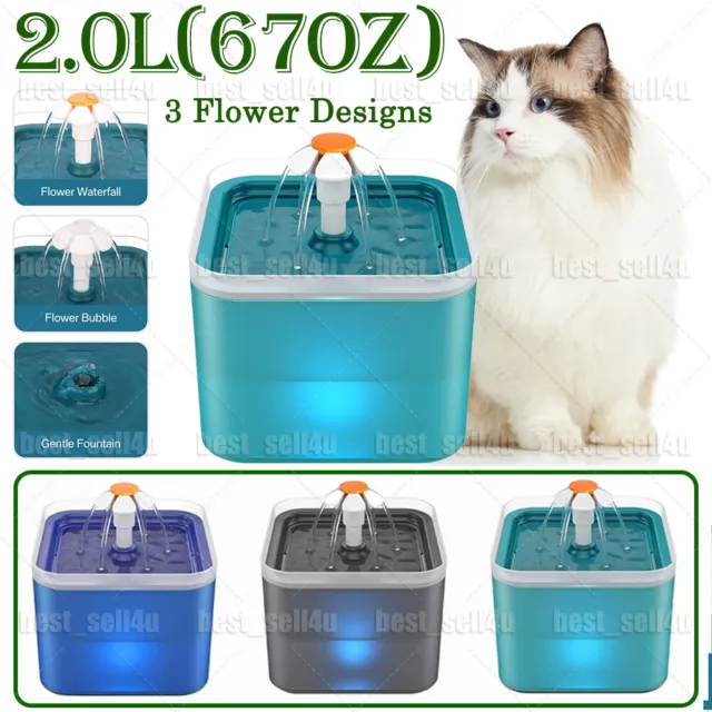 Electric LED Cat Dog Automatic Water Fountain Dispenser Pet Drinking Bowl 2L
