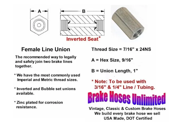 FEMALE BRAKE LINE UNION / JOINER - 7/16" x 24, Inverted Flare