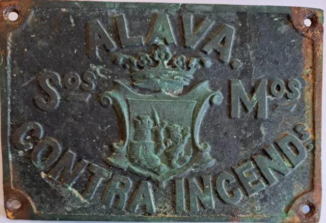 Placa bronce S.XIX año 1846 Álava, seguro contra incendios. grande 230gr