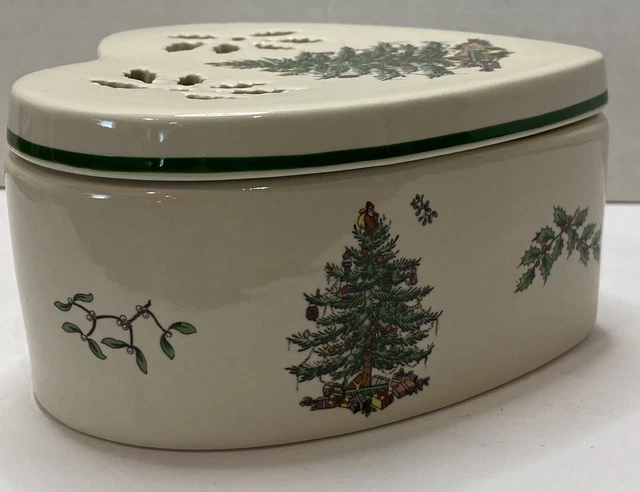 SPODE Christmas Tree Pierced Heart Shaped Porcelain Trinket Jewelry Box w/Lid 7
