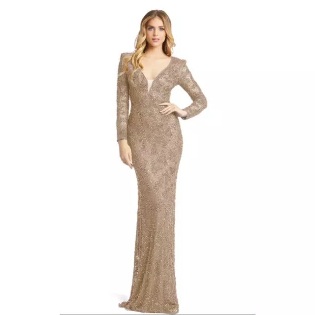 New Nwt Mac Duggal Beaded Illusion Plunge Neck Long Sleeve Gown- Sz 16