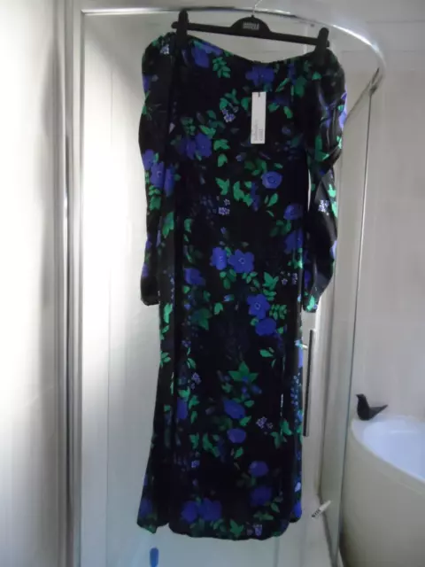 Bnwt M&S Nobody's Child Black  Floral Midi Dress - Bardot - Size 12 Long Sleeves