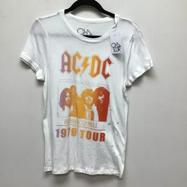 AC/DC Highway To Hell 1979 Tour Chaser Womens Graphic T-Shirt White Crew L New