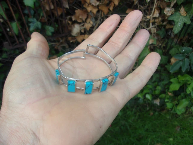 Bracelet Ancien Jonc En Argent Massif 925 - Gravures Et Turquoises - Occasion Vintage