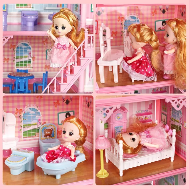 CUTE STONE 11 Rooms Huge Dollhouse with 2 Dolls Colorful Light Doll House Gift 3