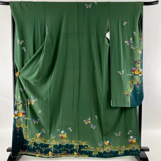 Japanese Kimono Furisode Pure Silk Flowers Butterfly Gold Paint Gradation Green