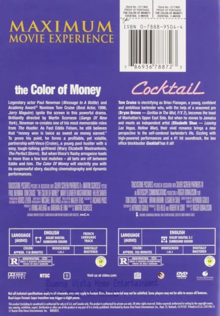 The Color of Money + CockTail  - Paul Newman Tom Cruise - New DoubleFeature DVD 2