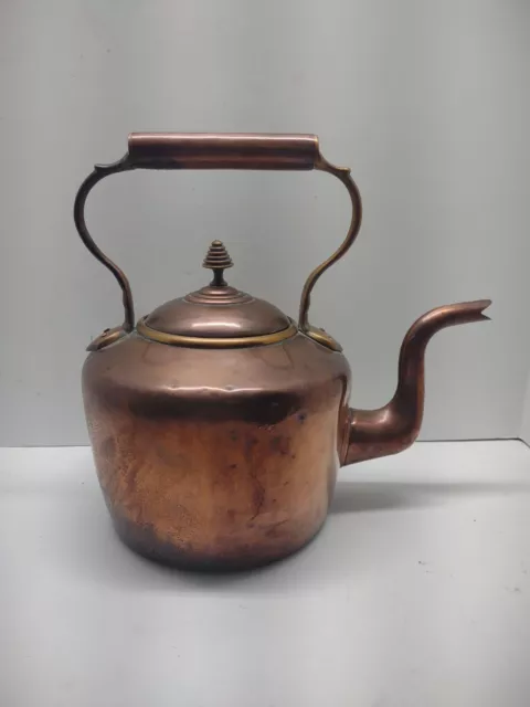 19th Century English Victorian Dovetailed Copper Water Kettle Brass Accents 12"