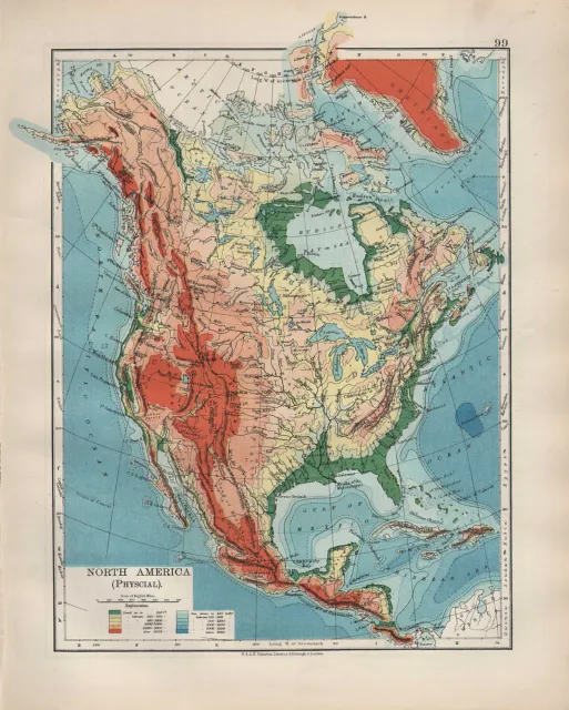 1904 Antik Landkarte ~ North America Physikalisch Rocky Berge Plateau Hang
