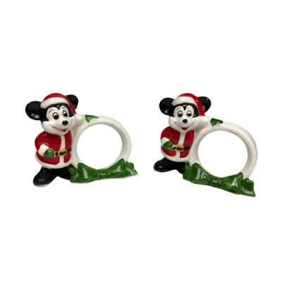 Vintage Disney Christmas Decorations Mickey Mouse Ceramic Napkin Rings Xmas RARE
