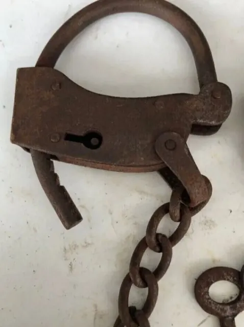 Antique  Handcuffs Iron Rust Adjustable Cuffs with Chain