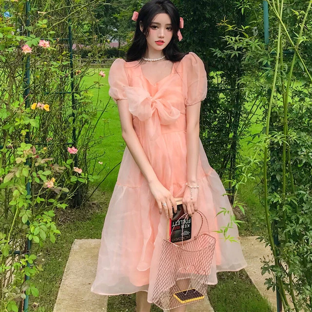 Donna Rete Organza Midi Abito a-Line Corto Puff Maniche Fiocco Lolita Dolce