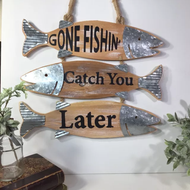 Gone Fishin’ ~Catch You Later~ Wooden Fish Shape Sign~Rope~Metal Accents~20” 3