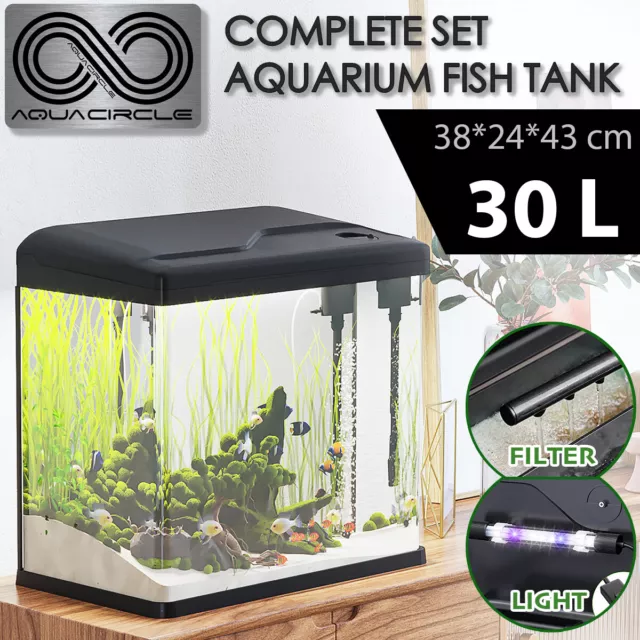 Aquarium Fish Tank Curved Glass RGB LED Light Complete Set Filter Pump 30L