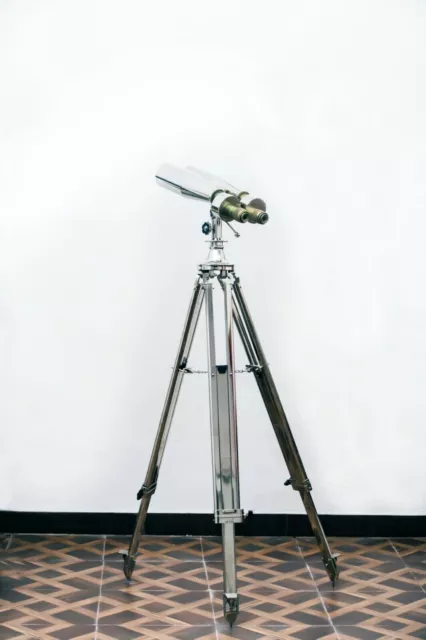 1920' Century Nautical Naval Brass Victorian Binoculars in Chrome/Nickle Tripod