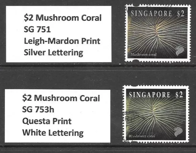 SINGAPORE 1994 REEF LIFE - THE 2 PRINTINGS OF $2 MUSHROOM CORAL F/U(SG 751/753h)