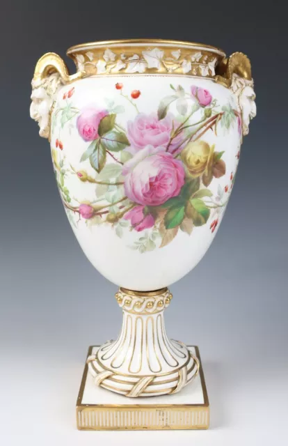 Quality c.1850 Antique Satyr Mask Porcelain Urn Vase Roses Coalport Sevres Style