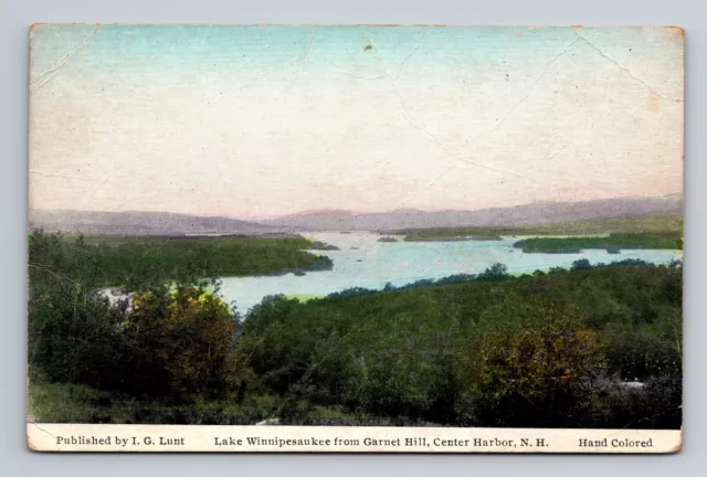 Vintage Hand Colored Postcard Aerial View Lake Winnipesaukee New Hampshire NH