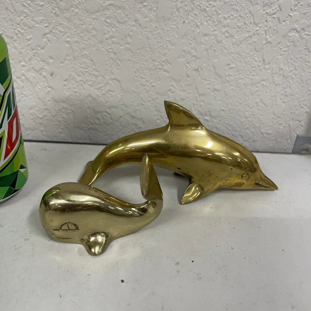 pair of 2 Vintage Brass whale & dolphin paper weights decoration