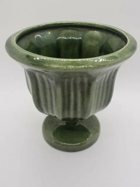 Vintage Haeger Pottery Ceramic Pedestal Planter Dark Avocado Ribbed Green Gloss