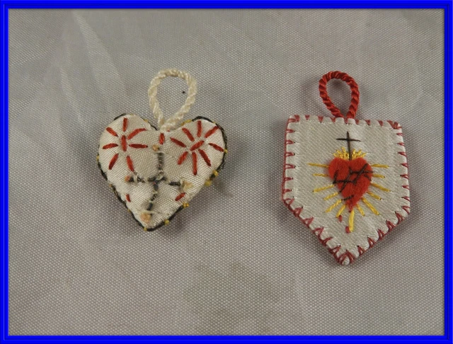 Pareja De Escapularios Bordados En Seda Antiguos S. Xix