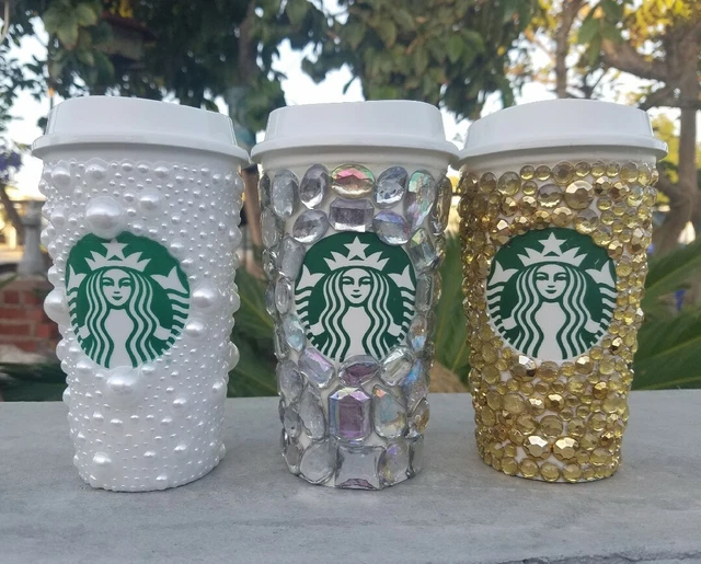 3 Starbucks Reusable Cups With Bling Bling Rhinestones New
