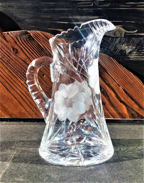 American Brilliant Period Cut Glass Pitcher Etched Flowers and Cut Leaf Design