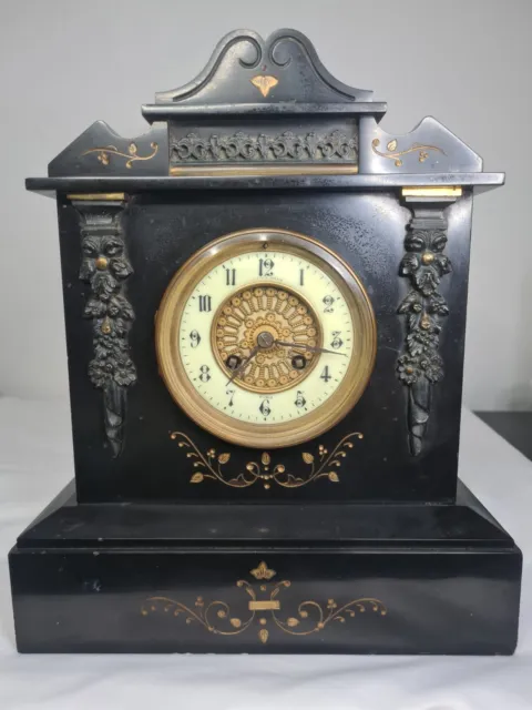 Antique French Medaille de Bronze L Marti Black  Marble Mantel Clock With Key