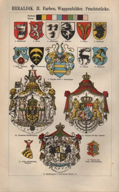 Chromo/Lithografien 1905: HERALDIK. I-III. Wappenformen.Wappenkunst. Kreuze.