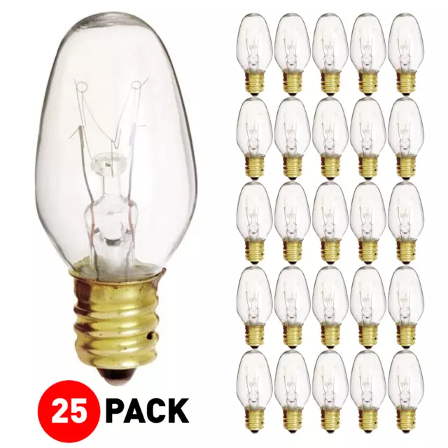 25 Pack Night Light Bulbs 7C7 7W Watt 120V Volt C7 Candelabra E12 Base Clear