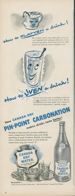 1950 Canada Dry Water Club Soda Liven Drink Pin Point Carbonation Print Ad L7