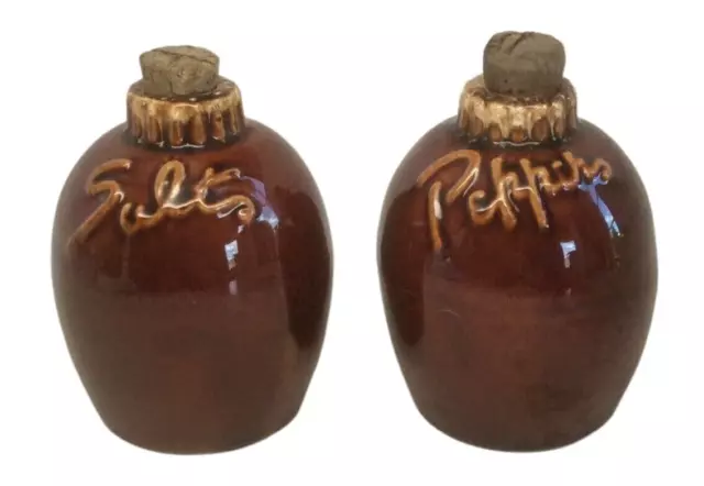 Oven Proof USA Salt & Pepper Shakers Corked Brown Drip Glaze Vintage