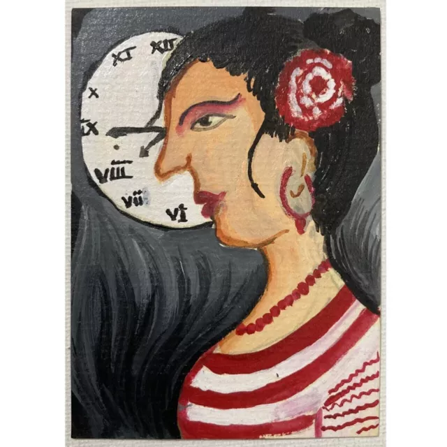 ACEO ORIGINAL PAINTING Mini Collectible Art Card Girl Modern Woman Lady Clock