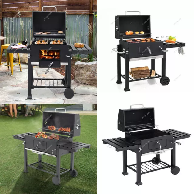 XL Smoker Barbecue Outdoor Camping Charcoal BBQ Grill with Wheels & Side Tables
