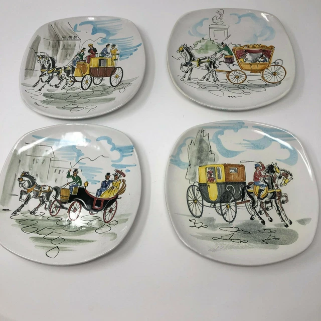 Made in Italy 4 Hand Painted Plate Horse & Buggy Carriage Scene 7 1/2"   30/18