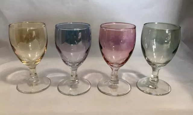 Retro Vintage Harlequin Coloured Drinking Glasses Set X4 Liqueur, Shot, Sherry