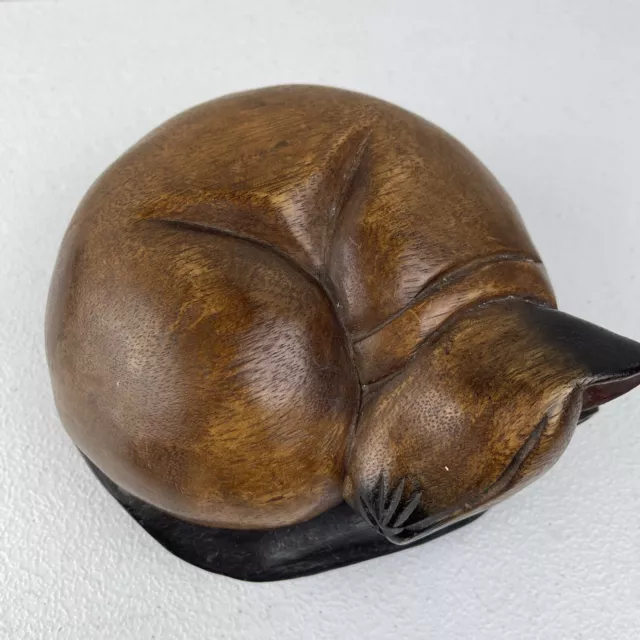 Vintage LARGE 8” Hand Carved Solid Wood Curled Up Sleeping Siamese Cat Statue 2