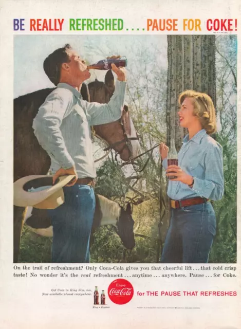 1959 Coca Cola Soda Coke Drink Couple Western Hat Horse Riding Vintage Print Ad