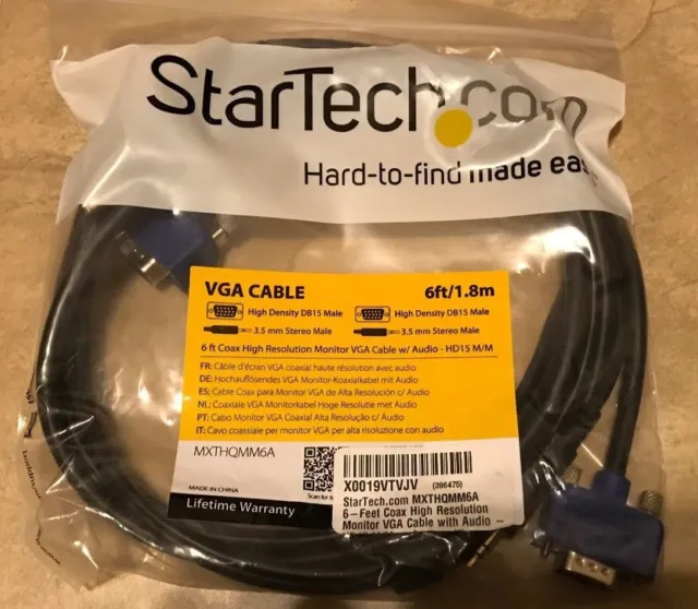 Startech 6' Coax High Resolution Monitor VGA Cable w/ Audio mxthqmm6a NEW